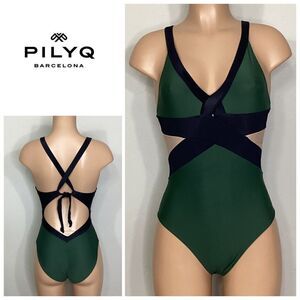 New. Pilyq green, black and nude color block swimsuit